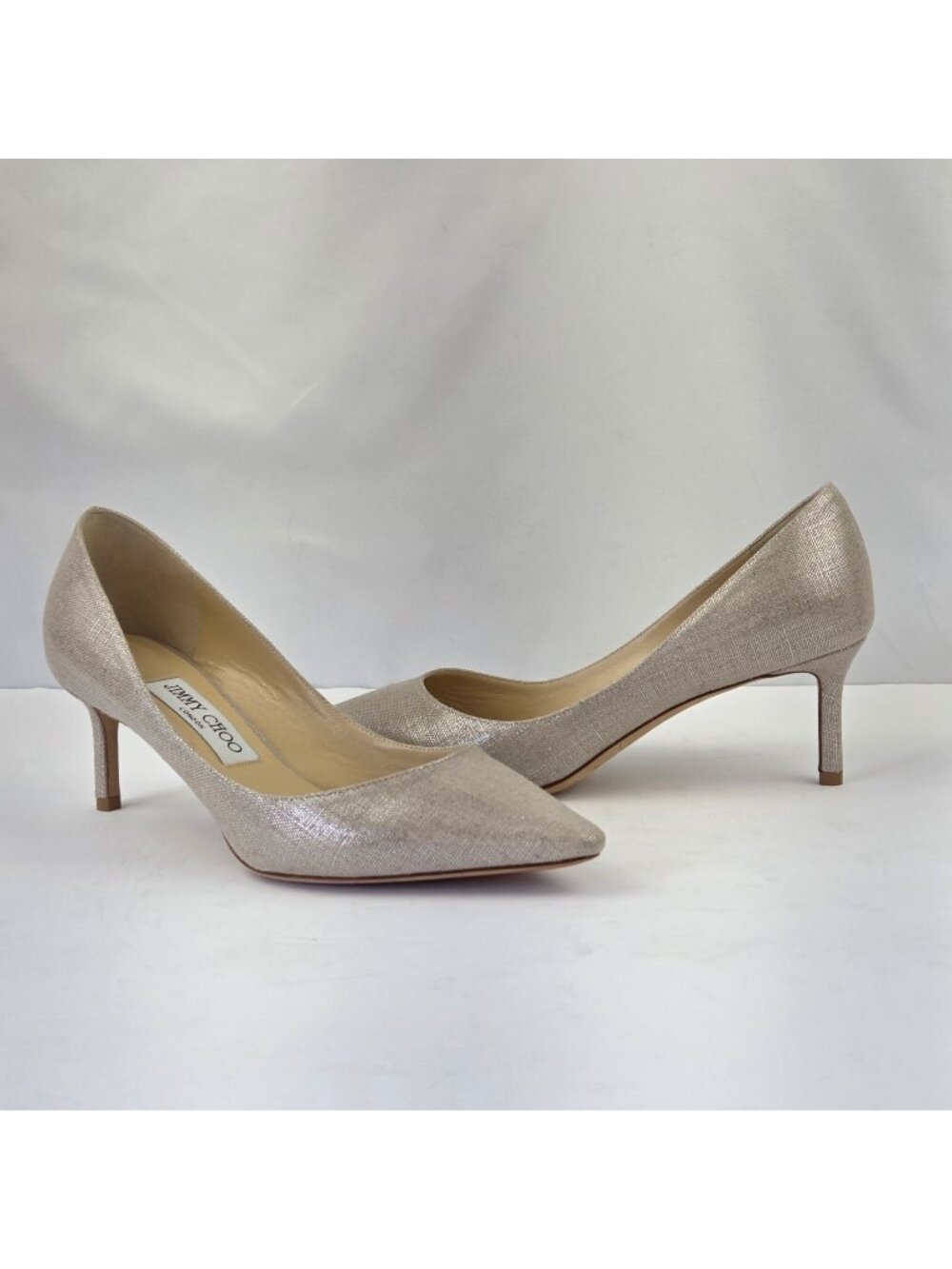 Jimmy Choo Romy 60 Champagne Glitter Pointed-Toe Heels Women’s Size 37.5 EU